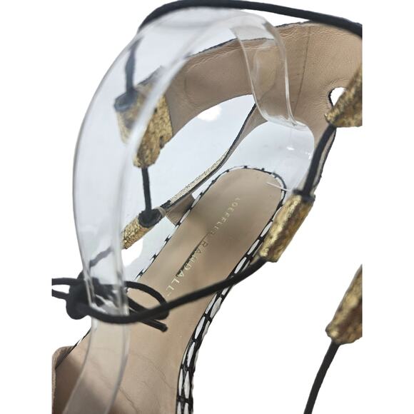 Loeffler Randall 6.5 Alexa Mixed-Media Flat Sandal Lace Up Gold Nude Classic - Picture 2 of 6